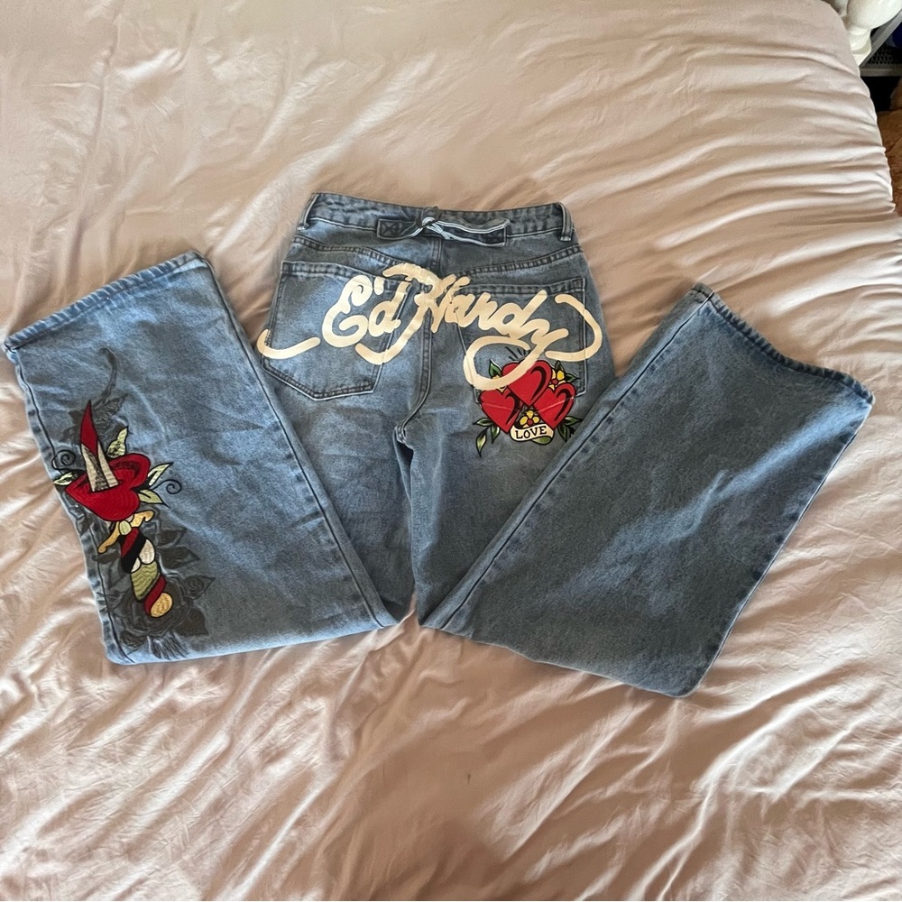 Ed Hardy Denim | Women's Loose Fit Wide Leg Embroidered Jeans